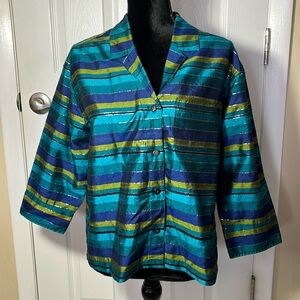 Chicos VTG silk striped button up top blue aqua jewel tones metallic stripe Sm